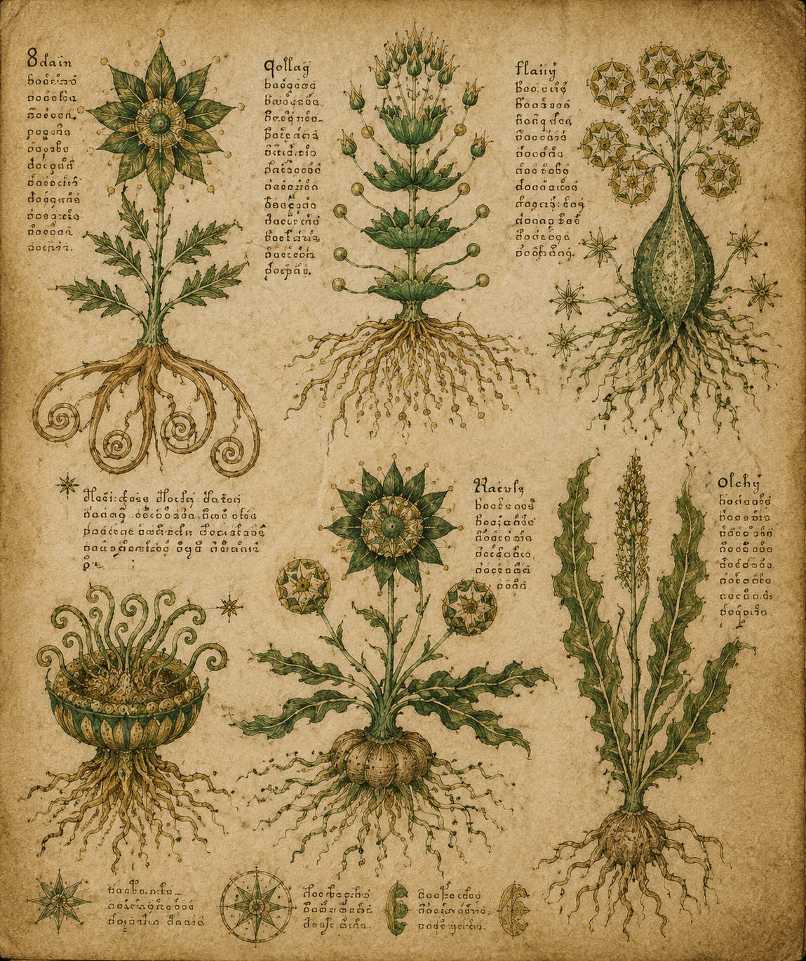 Voynich-style impossible botanical illustrations — AI artistic interpretation