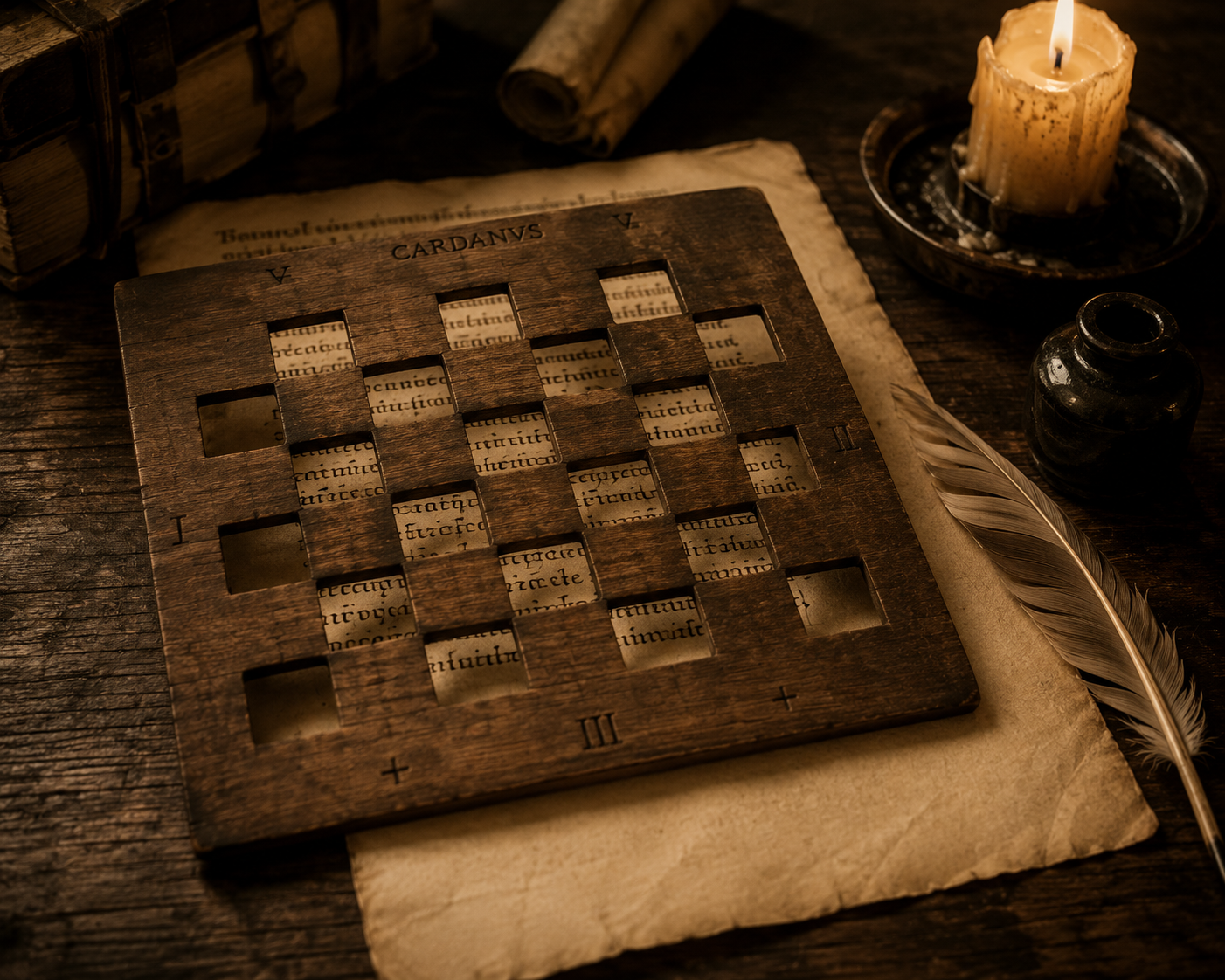 Cardan grille device over medieval parchment — AI illustration