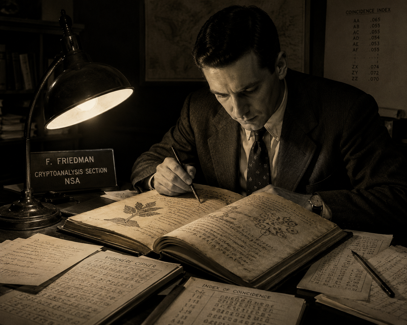 William Friedman, NSA Cryptoanalysis Section, studying the Voynich Manuscript — AI illustration