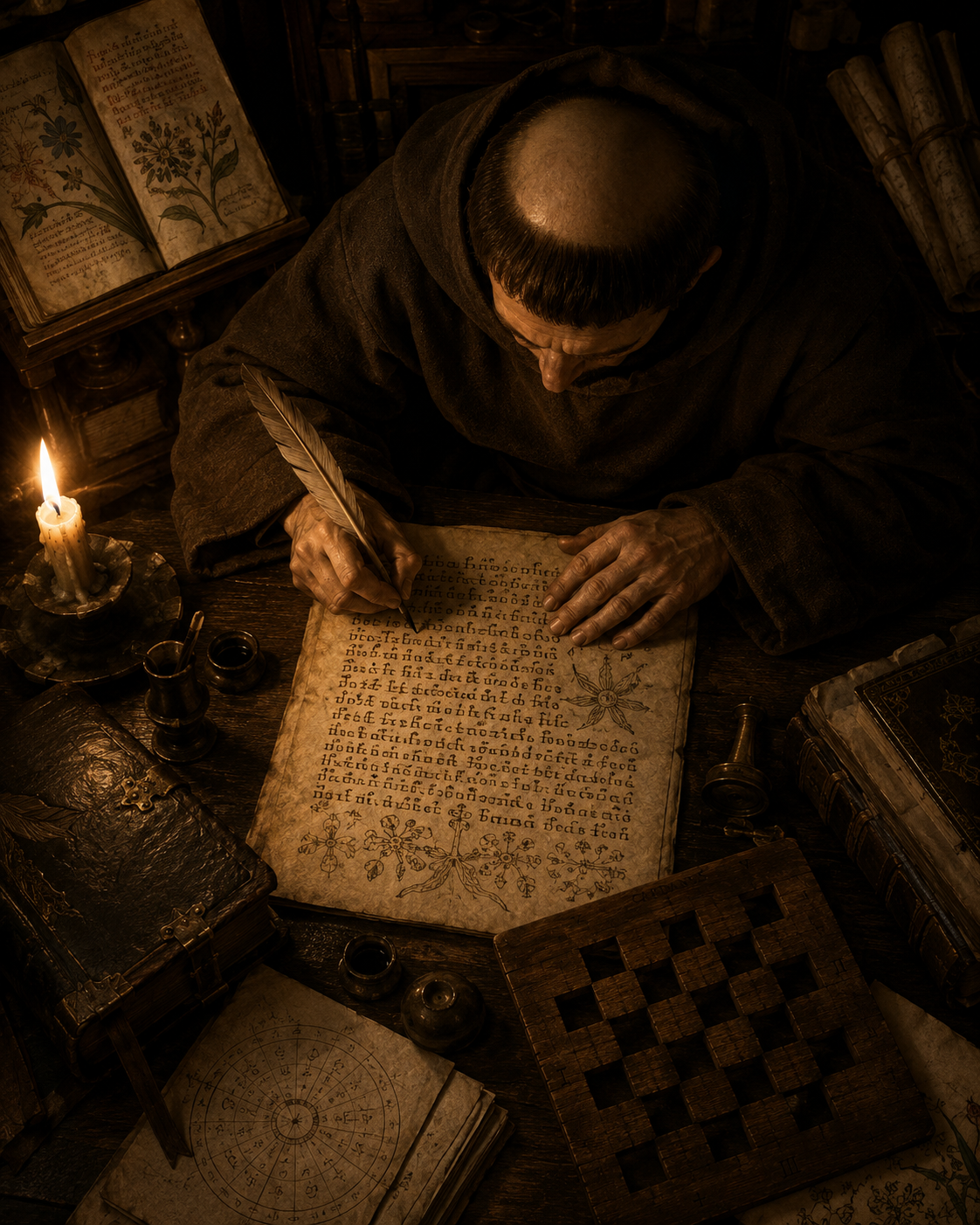 Atmospheric illustration of a medieval scribe at work, artistic rendering, not a manuscript page