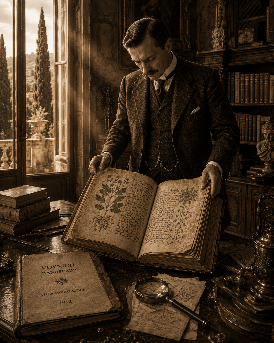 Wilfrid Voynich opening the manuscript at Villa Mondragone, 1912 — AI illustration